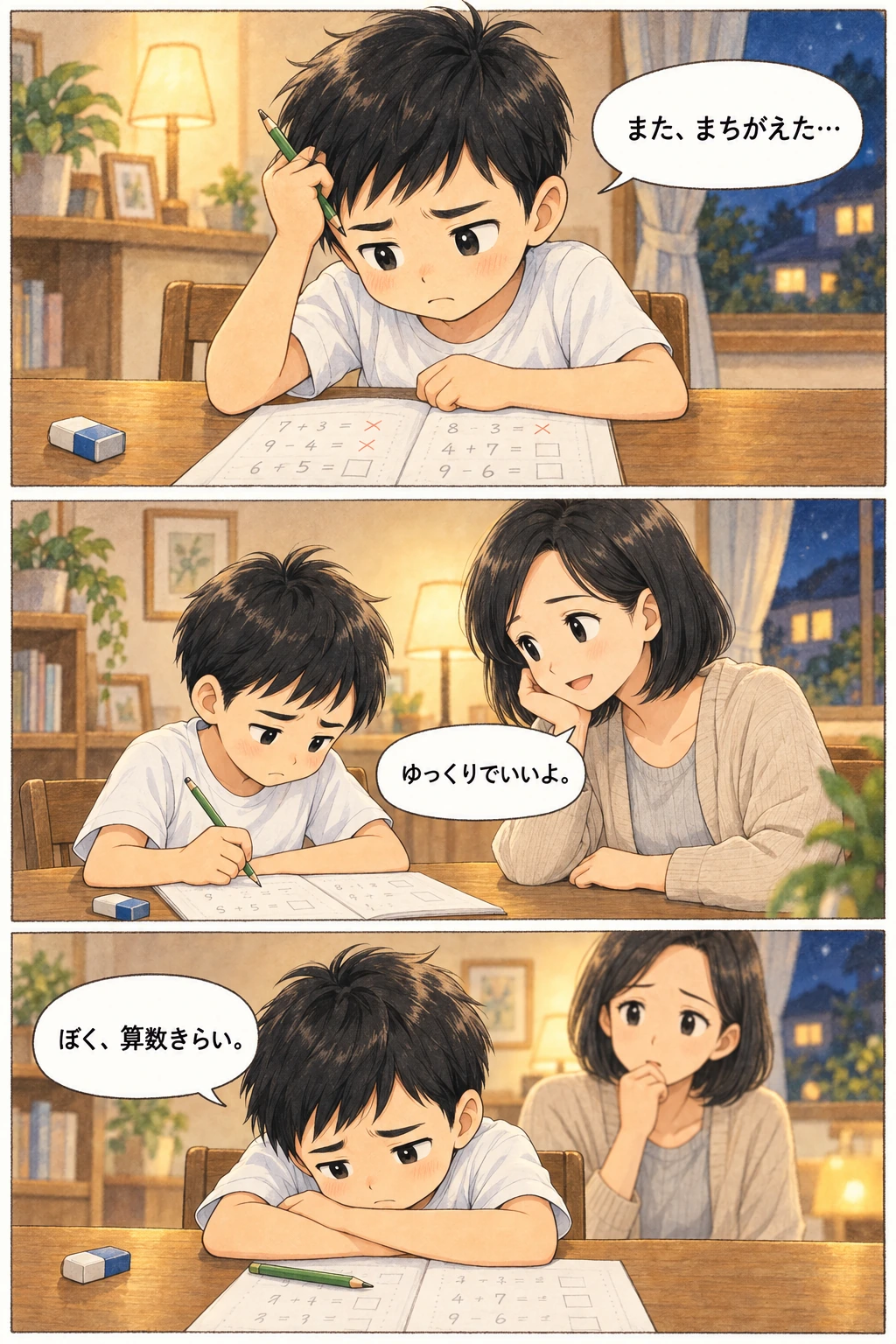 宿題がうまく解けず、算数きらいと顔を伏せるユウタ。母ミカはそっと見守ります。