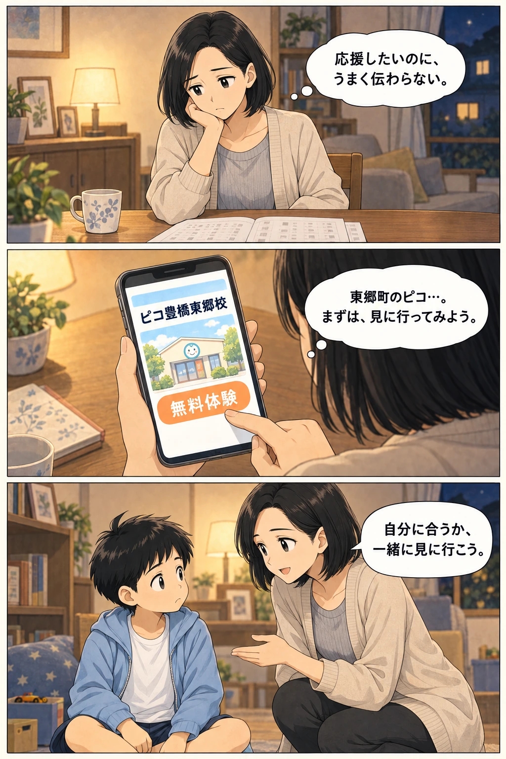 子どもへの声かけに悩むミカが、東郷町のピコ豊橋東郷校の無料体験を見つけます。