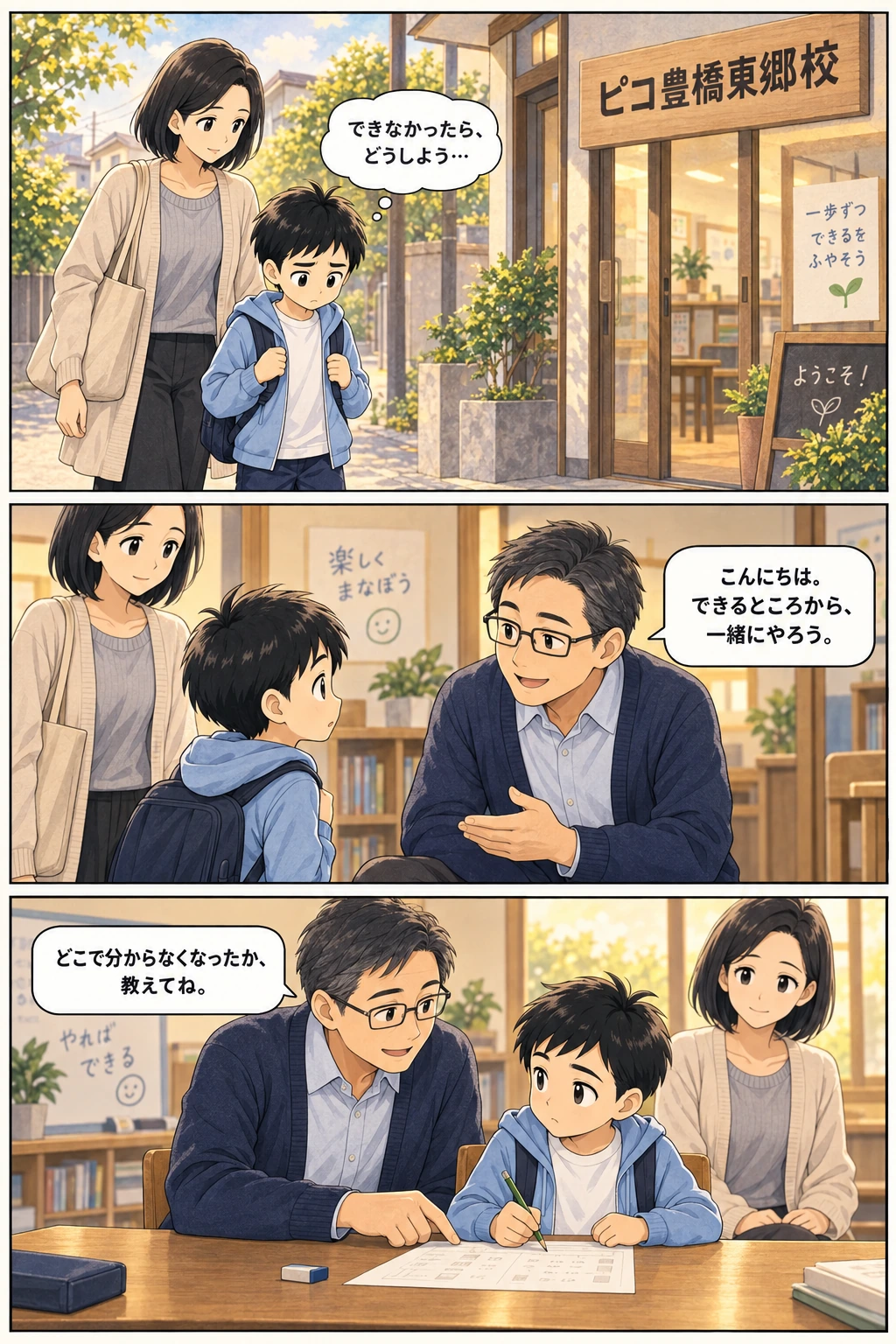豊橋東郷校を訪れた親子を、子どもと目線を合わせた先生が迎えます。