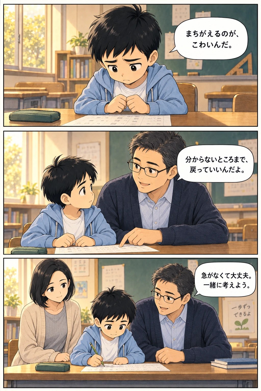 間違えるのが怖いと打ち明けるユウタに、先生が急がなくて大丈夫と伝えます。