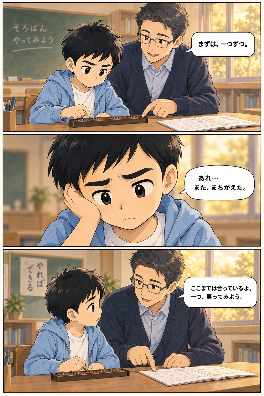 そろばんに挑戦して手を止めたユウタ。先生は合っているところを確かめ、一つ戻るよう促します。
