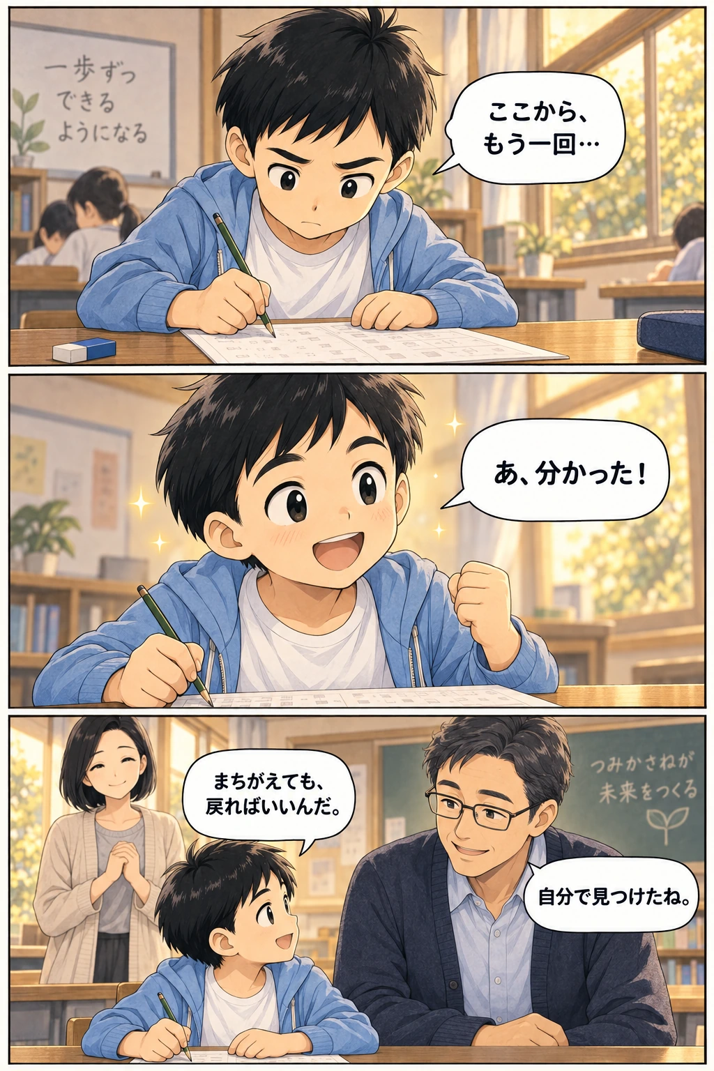 もう一度考えたユウタが答えを見つけ、先生と母がその喜びを受け止めます。