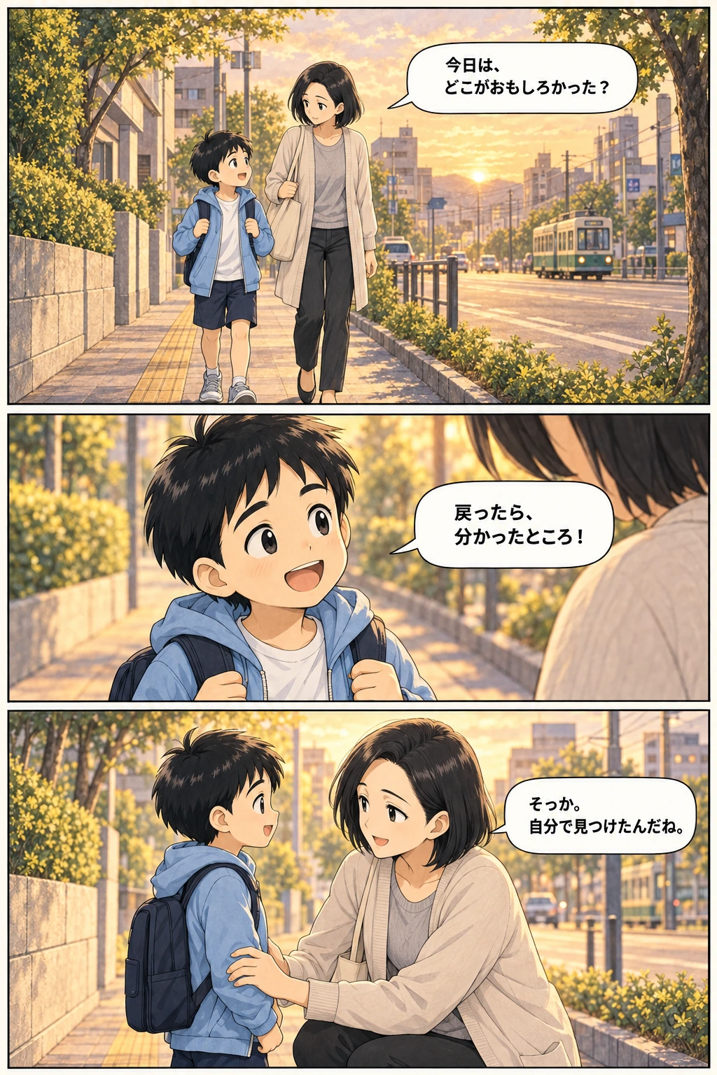 市電が遠くに見える豊橋の街をイメージした帰り道。親子は今日おもしろかったことを話します。