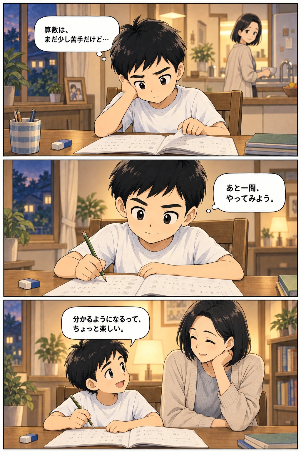 帰宅したユウタが自分から問題集を開き、あと一問に挑戦しようと笑顔を見せます。
