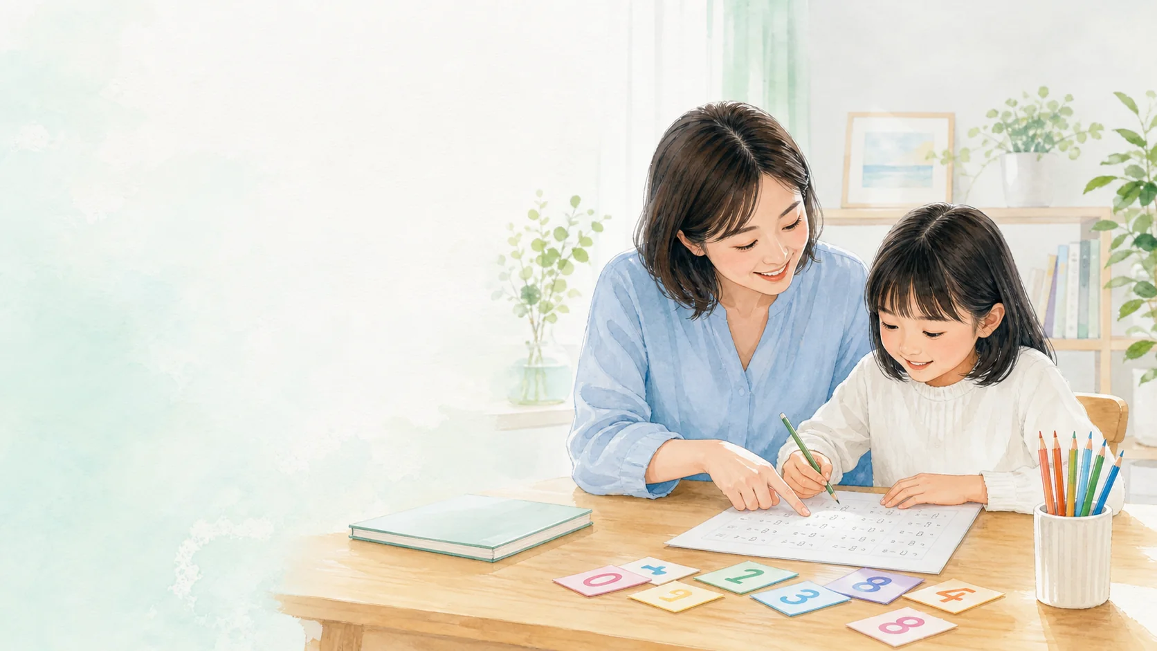 親子で数のワークシートを見ながら学ぶ様子