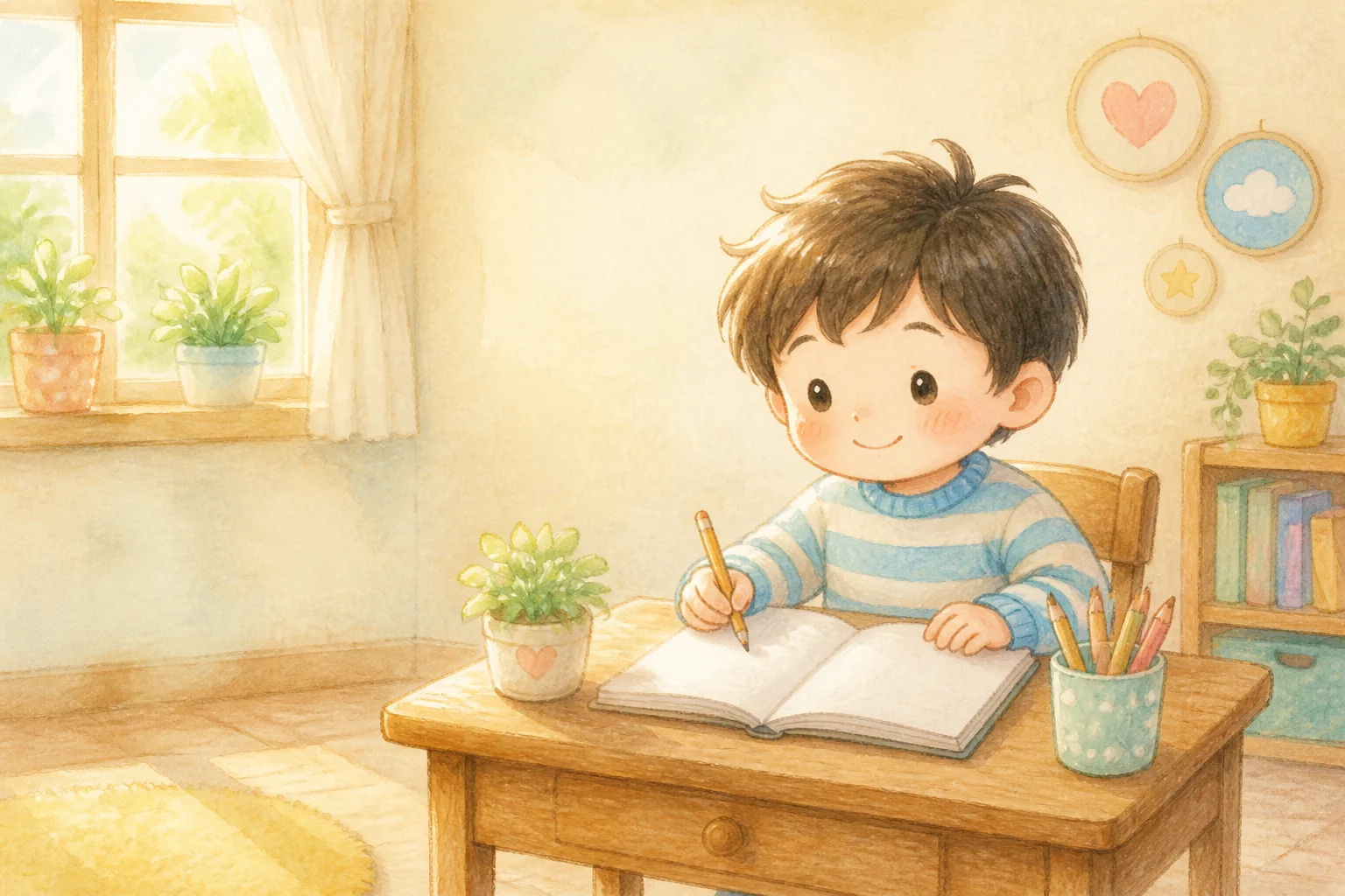 物語風のイラストで描いた、豊橋市で机に向かう子どもの学びの時間