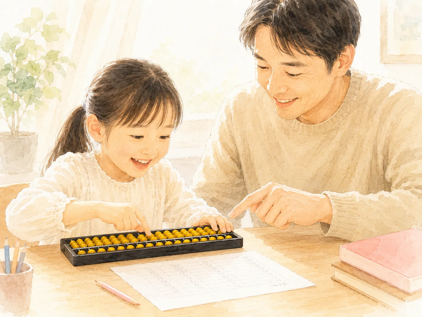 男性講師に教わりながら、そろばんの珠を動かす女の子の水彩イラスト